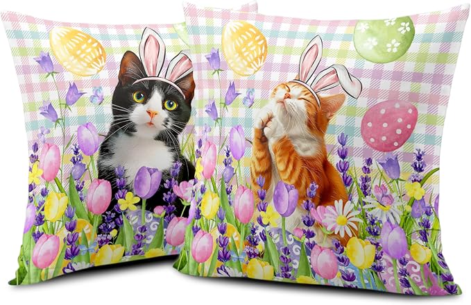 Spring Easter Pillow Covers 16x16 Set of 2 Lovely Cow Cat and Ginger Cat Wearing Bunny Ears Throw Pillow Covers Tulip Floral Pillow Case for Easter Decoration Sofa Patio Garden
