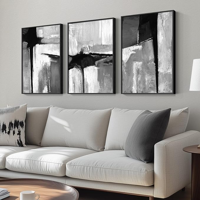 Framed Black White Gray Abstract Wall Art, 3 Piece Canvas Prints 16x24 In | Modern Minimalist Artwork, Solid Frames, Abstract Paintings, Neutral Pictures, Living Room Bedroom Office Hallway Wall Decor