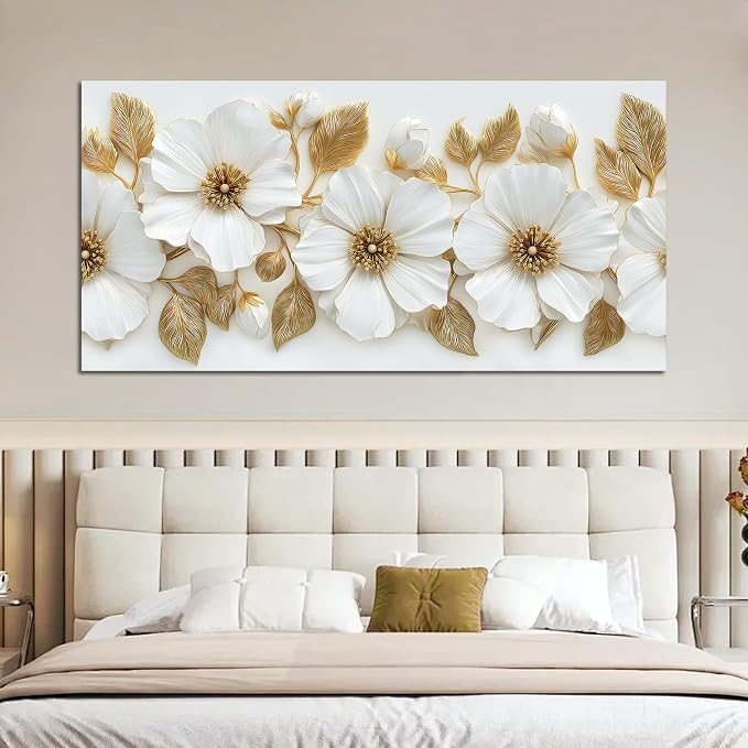 Large Canvas Wall Art for Living Room White and Gold Floral Print Painting wall Decor for Bedroom Office Modern Home Botanical Framed Wall Decorations Artwork Size 30x60 Ready to Hang