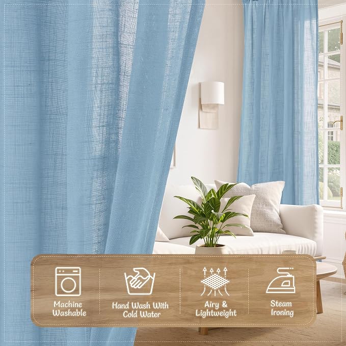 Linen Curtains for Living Room 96 inch Long 2 Panels, 52 x 96 Inch | Blue, Light Filtering Semi Sheer Curtains, Farmhouse Boho, Back Tab Rod Pocket, Drapes for Bedroom, Sliding Glass Door