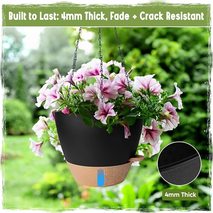 Self-Watering Hanging Planters with Water Level Window, 8/10 Inch Indoor Outdoor Hanging Plant Pots Includes Chain Hangers with Drainage Holes & Detachable Reservoir (Black, 8+10 inch)