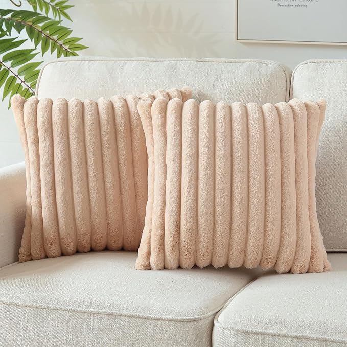 Soleebee Set of 2 Throw Pillow Covers Soft Cozy Velvet Pillowcase Faux Rabbit Fur Cover for Couch Sofa Bed Chair Home Decorative Pillows Cover (20x20 Inch, Camel)