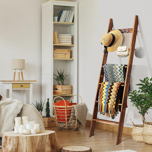 Wooden Blanket Ladder for Living Room 6-Tier, Decorative Ladder Blanket Rack & Quilt Ladder Decor, Rustic Farmhouse Wood Ladder with Removable Hooks, Anti-Slip Sturdy Blanket Holder, 68 Inch, Brown