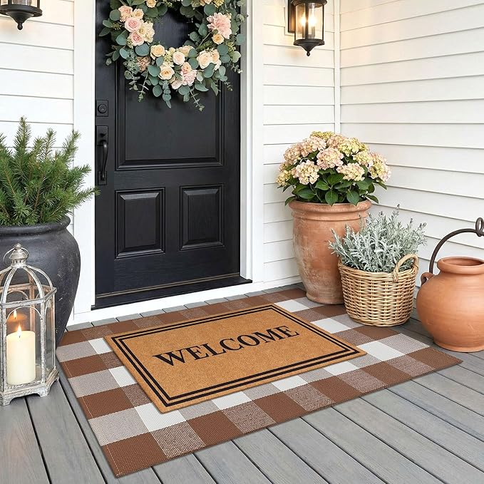 KOZYFLY Buffalo Plaid Area Rugs 2.3x3.6 Ft Front Door Mat, Brown and White | Washable Front Door Rug, Woven Cotton Outdoor Rug, Indoor Small Rug for Front Porch Kitchen Entryway, Checkered Welcome Mat