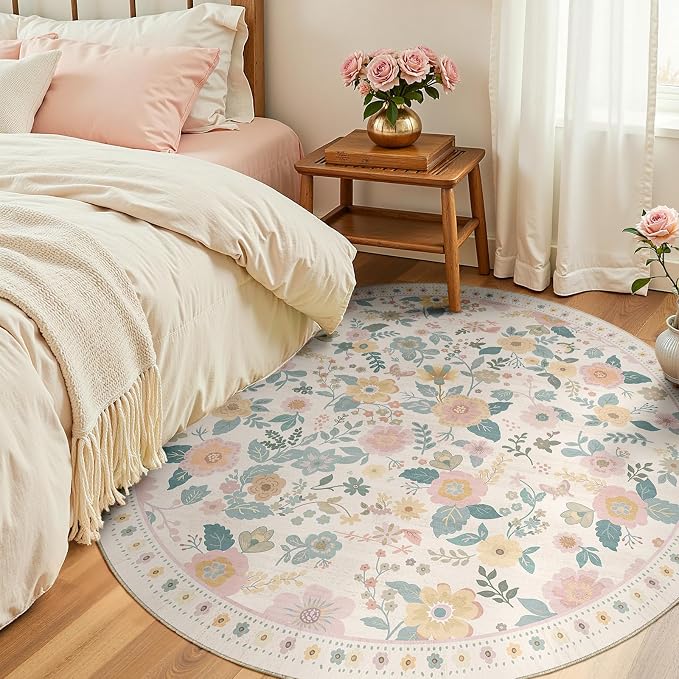 Washable Floral Area Rug for Living Room Round 4ft Light Beige | Non-Slip，Vacuum-Friendly, Low Pile, Flower Carpet for Bedroom Kitchen Entryway Dining Room Office Nursery