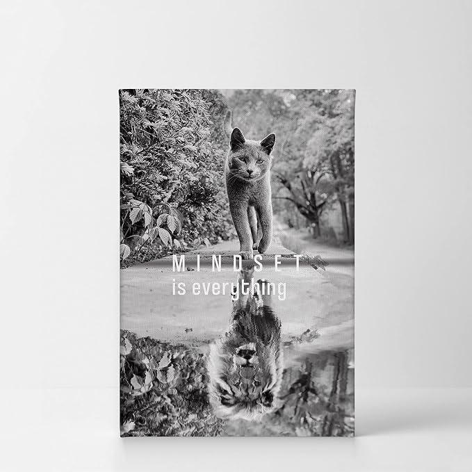 Smile Art Design Mindset is EverytingBlack and White Cat and Lion Reflection Motivational Wall Art Canvas Print Inspirational Entrepreneur Quote Office Living Room Decor Gift Ready to Hang 40x30