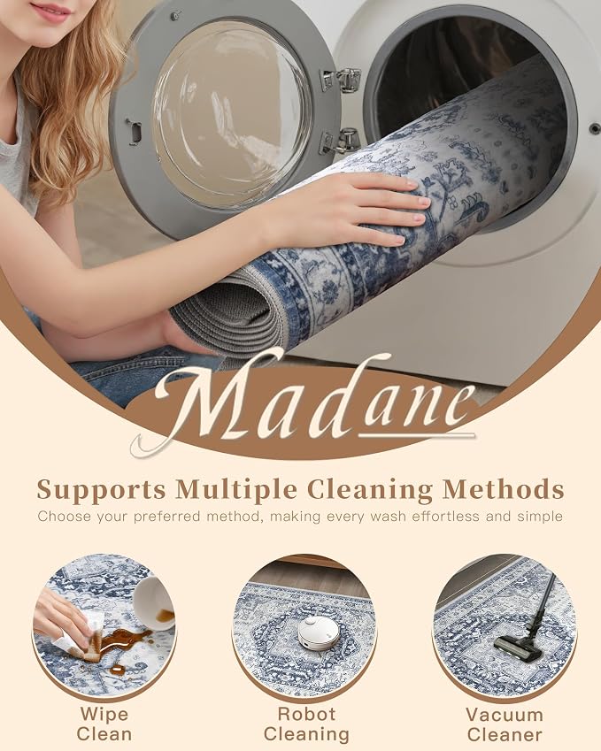 Madane Washable Runner Rug 2x6 Runners for Hallways Non Slip, Navy/White | Vintage Stain-Resistant 6 Feet Kitchen Rug, Soft Low-Pile Ultra-Thin Floor Carpet Mat for Bathroom Laundry Room Bedroom 2x6ft
