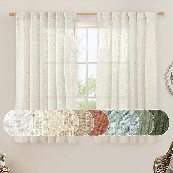 Natural Linen Semi Sheer Curtains 48 Inch for Bedroom, 52 x 48 Inch | Light Filtering, Neutral Window Curtains, Farmhouse Boho, Rod Pocket Back Tab Panels, Natural Cream Ivory, 2 Panels