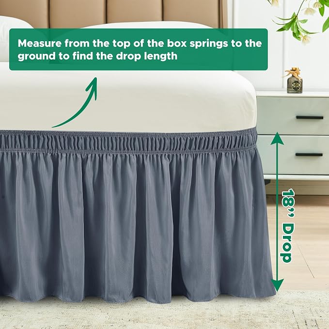 Wrap Around Queen Size Bed Skirt 18 Inch Drop-Elastic Dust Ruffle Dark Grey | Adjustable Pleated Bedskirt-Easy Fit Wrinkle Resistant Washable Hotel Quality Fabric Bed Skirting-Master Guest Bedroom Rental
