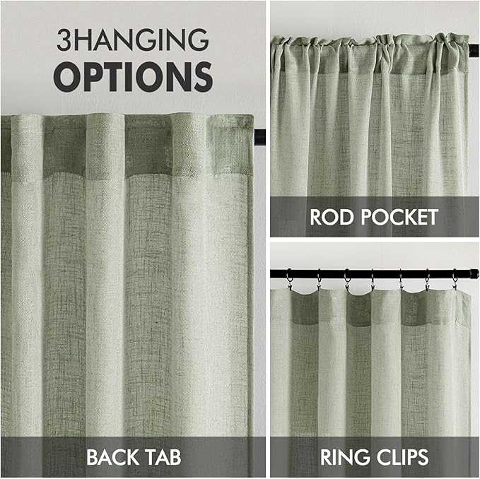 MIULEE Sage Linen Curtains 52x63 Inch Long 2 Panels of Green Window Drapes | Bedroom Living Room,Soft Thick Linen Textured Kitchen,Semi Sheer Light Filtering, Back Tab Rod Pocket, Burlap Look Decor