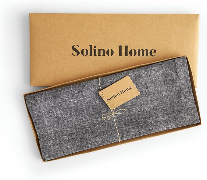 Solino Home 100% Pure Linen Dining Table Runner Black, Athena 14 x 90 in | dresses up dining tables for everyday meals, European flax fibres, machine washable, Chambray Black, soft, OEKO-TEX Certified