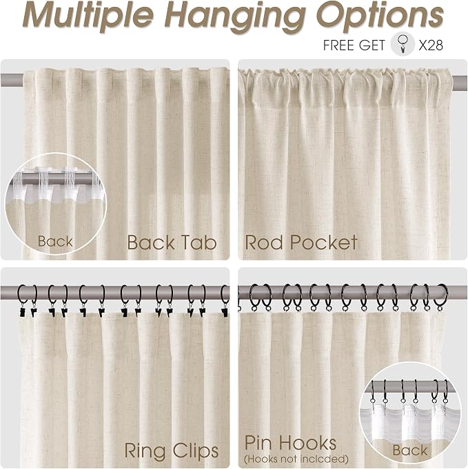 Linen Curtains 96 Inches Long for Living Room Back Tab Semi Sheer Floor to Ceiling 8ft Light Filtering Curtain Boho Farmhouse Decor Window Drapes for Bedroom 52x96 2 Panels Boho