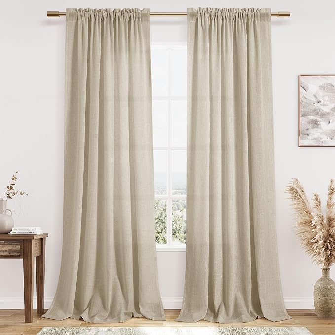 Eggshell Beige Linen Curtains 84 Inches Long Rod Pocket Semi Sheer Dining Room Cozy Bedroom Decor Cotton Look Country Rustic Farmhouse Boho Curtains 2 Panel Set,52x84