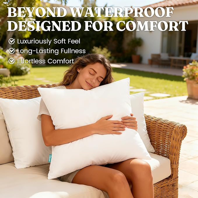 Oubonun 26x26 Waterproof Outdoor Pillow Inserts – Set of 2 Firm & Fluffy, Water Resistant Throw Pillows for Patio, Garden, Porch, or Indoor Decorative