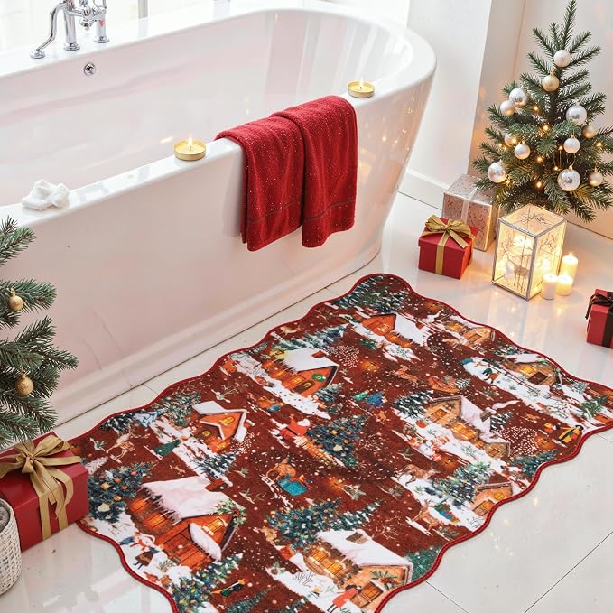 Wonnitar Christmas 2x3 Entryway Rug, Non Slip Washable Small Kitchen Rugs, Soft Christmas Winter Reindeer Door Mat Indoor Entrance, Scalloped Area Rug for Bathroom Bedside Holiday Decor (Red,2'x3')