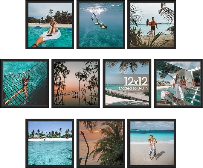upsimples 12x12 Picture Frame, Photo Collage Wall Decor Set of 10, Black