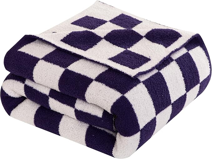 Elegant Comfort Premium Checkered Reversible Throw Blanket - Ultra Soft and Lightweight, Luxury Knitted Breathable Fleece for Couch, Bed, Sofa - Warm Velvet Fluffy Throw, 50 x 70 Inch, Purple