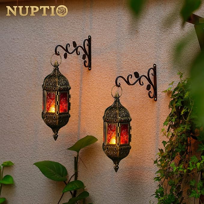 6 Pcs Hanging Hexagon Decorative Moroccan Candle Lantern Holders, Handmade Hanging Tea Light Holder in Bronze Metal & Red & Purple Glass Gift & Decor Items