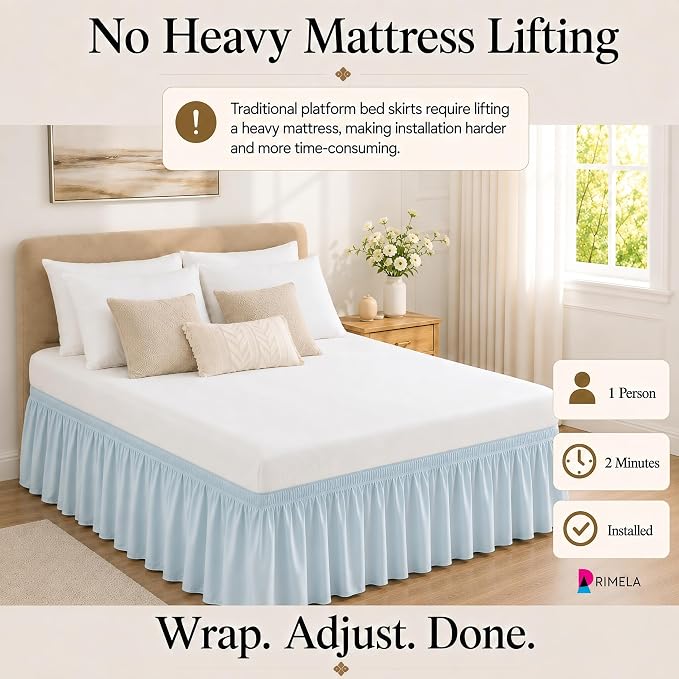 Blue Bed Skirt King Size 18 Inch Drop, Elastic Wrap Around Bedskirt | Solid Ruffled, Easy to Use, No Mattress Lifting, Wrinkle & Fade Resistant, with Adhesive Strips, Machine Wash/Dry/Iron