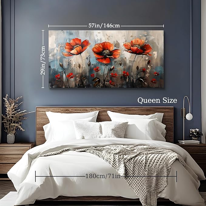SERIMINO Large Modern Floral Wall Decor, Red Wildflower Artwork 29"X57" | Extra Large Botanical Wall Art, Wildflower Canvas Painting, Living Room Dining Room, Gallery Wrapped, Fade-resistant Inks