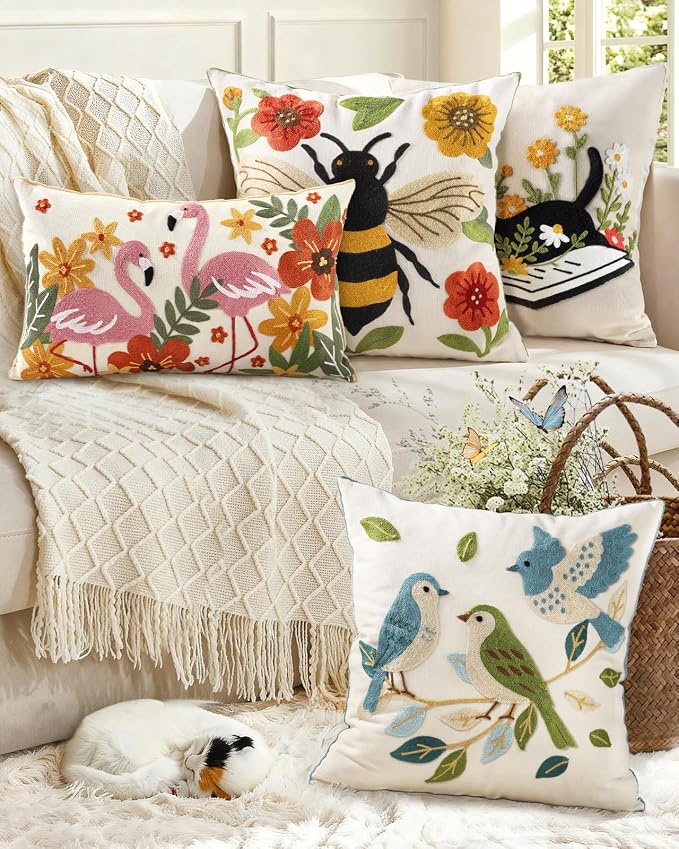 Animal Embroidered Lumbar Pillow Cover 20x12 Inch, Floral Birds | Decorative Throw Pillow Cover, Cottagecore Cushion Cases with Hidden Zipper, Farmhouse Decor for Couch, Sofa, Bedroom