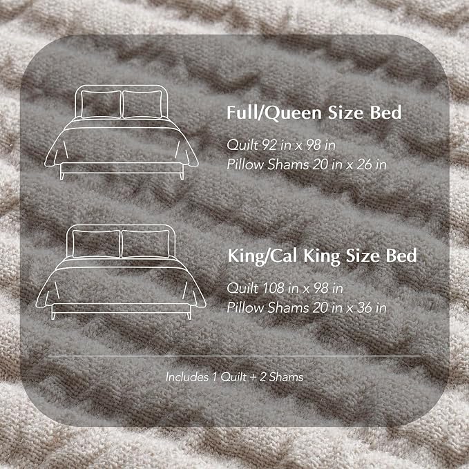 EVERGRACEHOME Cotton Ribbed Matelassé Coverlet Set, King Size, Birch | Soft Lightweight Bedspread, 3 Pieces, Breathable Cozy Oversized Quilted Bedding Set for All Seasons, with 2 Pillow Shams