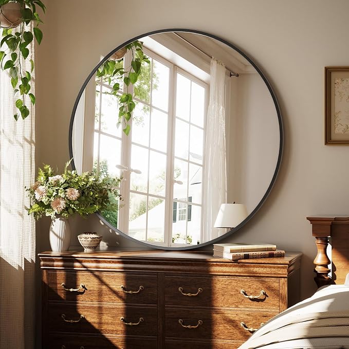 XRAMFY 42 Inch Round Black Metal Wall Mirror, Circle Mirror for Entryway | Stylish Circle Mirror for Bathroom, and Living Room Decor Matte Black Circle Wall Mirror