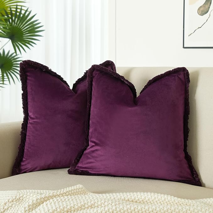 JUSPURBET Eggplant Decorative Velvet Fringe Throw Pillow Covers 22x22 Set of 2 Boho Soft Cushion Case for Home Decor Living Room Couch Sofa Bed