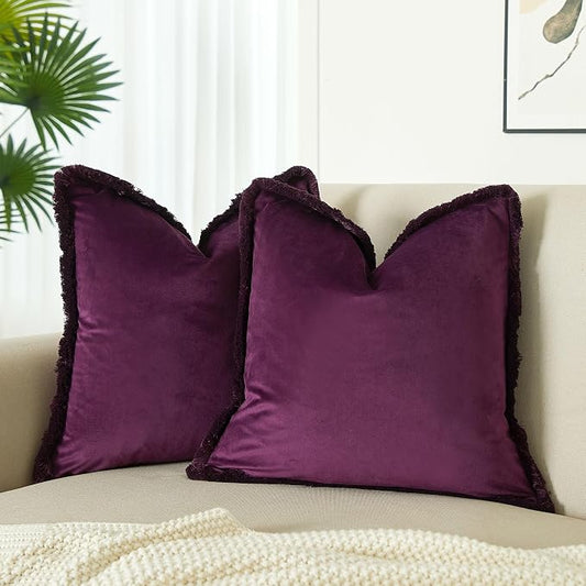 JUSPURBET Eggplant Decorative Velvet Fringe Throw Pillow Covers 20x20 Set of 2 Boho Soft Cushion Case for Home Decor Living Room Couch Sofa Bed