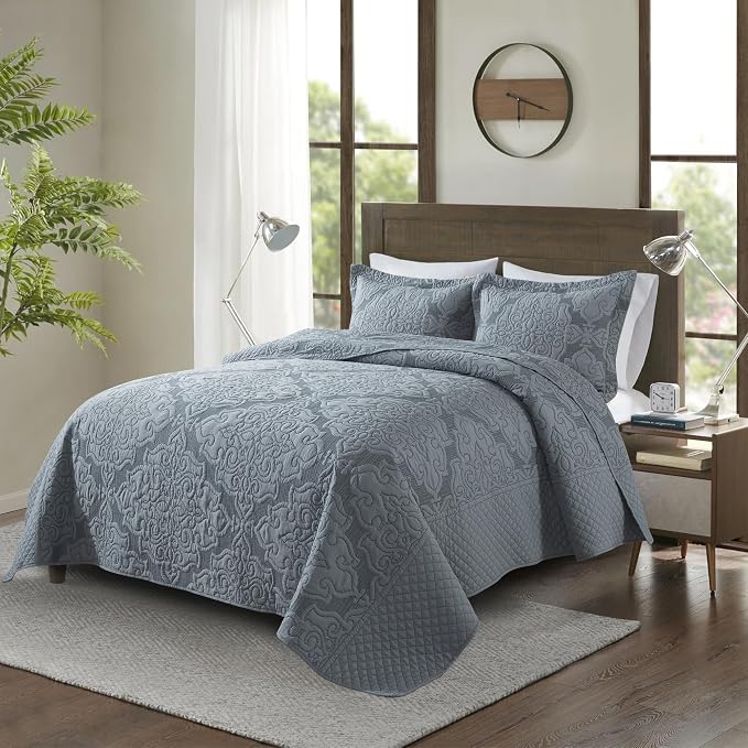 NEWLAKE Reversible Quilt Bedspread Embroidered Microfiber Coverlet Set,Jacquard Embossed Floral,Grey, Queen Size