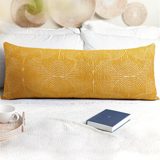 AELS Boho Decorative Textured Lumbar Throw Pillow Covers 14x36, Organic Modern Mid Century Rainbow Tufted Long Pillow Case, Farmhouse Geometric Woven Cushion Case for Bed Couch Sofa, Mustard Yellow