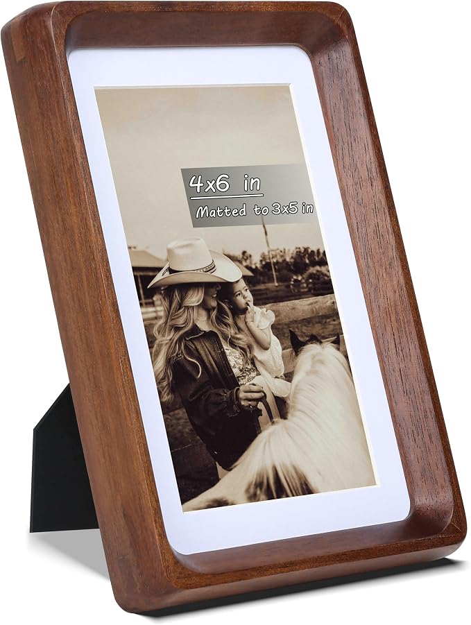 4x6 Picture Frame with Mat for 3x5, USA-Sourced Natural Walnut Wood Handcrafted Rounded Corner with Real Glass, Vertical or Horizontal Display Photo Gallery Wall & Tabletop Frame