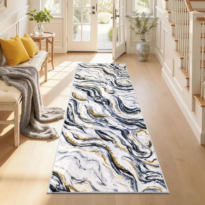 Yamaziot 2x6 Washable Modern Abstract Runner Rug Non-Slip for Hallways | Stain Resistant Kitchen Rug with Rubber Backing, Low Pile, Ultra Soft Carpet Runner for Bedroom, Laundry, Entrance,Black