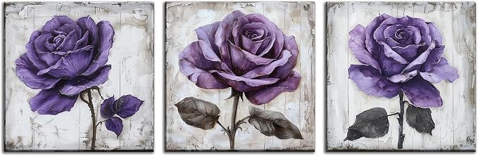 NAN Wind 3Pcs Purple Rose Canvas Prints Wall Art Botanical Floral Art Modern Flower Artwork Ready to Hang Textured Wall Art Print Decorative Wall Hanging for Living Room Bedroom Kitchen
