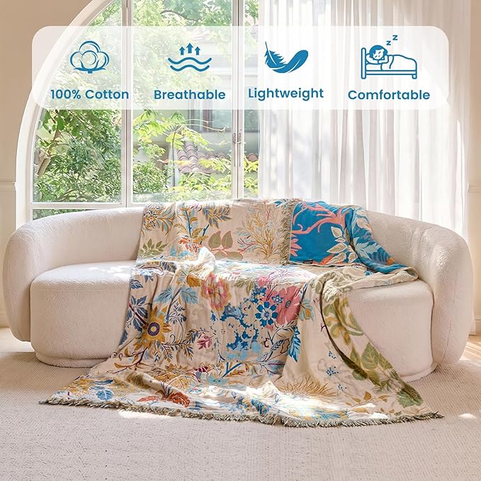 MSGKV Boho Throw Blanket 60"x80" 100% Cotton Floral Muslin Twin Blanket | 100% Cotton Throw, Twin Size Blanket, Reversible Woven, Summer Breathable, Farmhouse Decor, All Seasons, Machine Washable