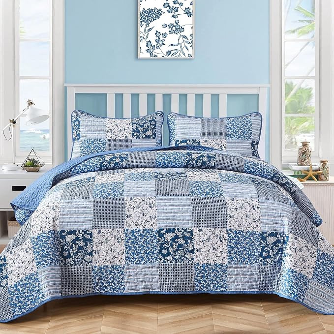 Mybedsoul Blue Quilt Set Full Size, Patchwork Floral Bedding Set | Soft Lightweight Microfiber Coverlet Set, 3 Pieces Plaid Reversible Bedspread, Bed Sets for All Seasons 78"x90"