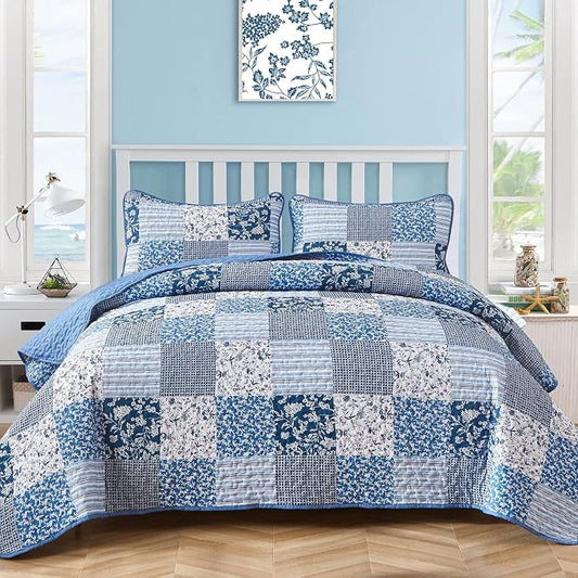 Mybedsoul Blue Quilt Set Twin Size Dorm Bedding, Patchwork Bedding Set | Soft Lightweight Microfiber Floral Coverlet Set, 2 Pieces Plaid Reversible Bedspread, Bed Sets for All Seasons 68"x86"