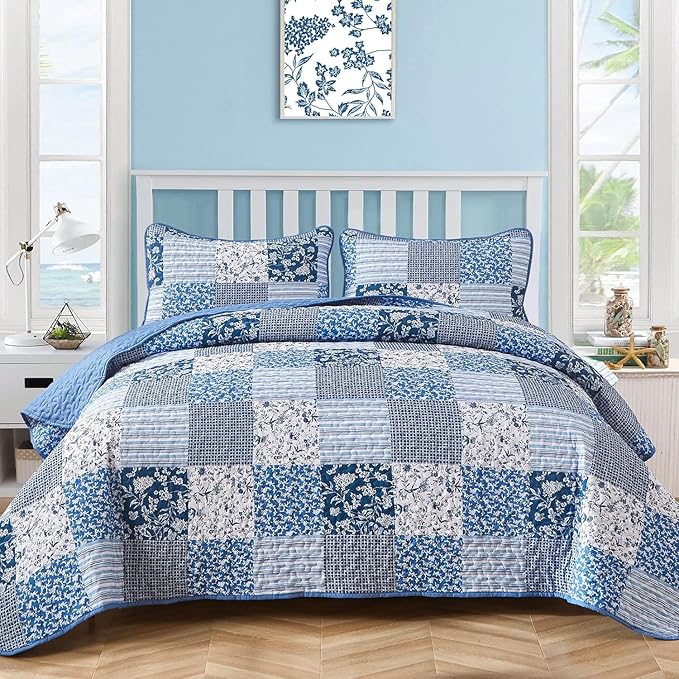 Mybedsoul Blue Quilt Set California King, Patchwork Floral Bedding Set | Soft Lightweight Microfiber Coverlet Set, 3 Pieces Plaid Reversible Bedspread, Bed Sets for All Seasons 110"x96"