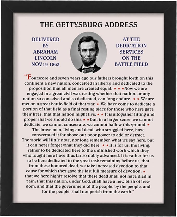 Abraham Lincoln Gettysburg Address Wall Art, Black Framed Print, 8x10 | American history speech poster. Patriotic decor for office, classroom, library. Gift for history buffs, teachers.