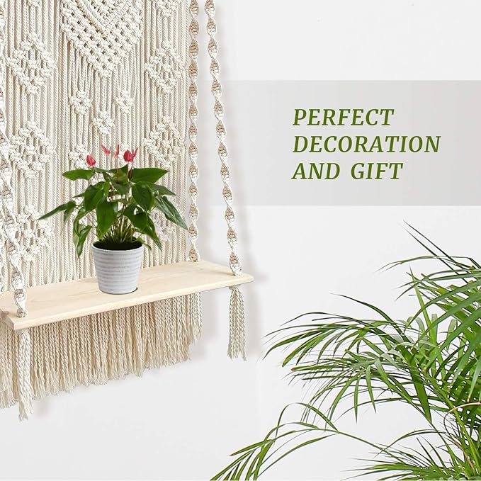 Macrame Wall Hanging Plant Decor Shelf Indoor Outdoor Floating Wood shelve Decorative Hand Made Rope Boho Shelving for Plants