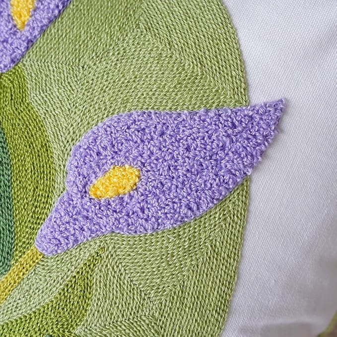 vctops Farmhouse Calla Lily Cotton Tufted Throw Pillow Cover Spring Floral Embroidery Pillowcase Soft Square Cushion Case for Sofa Couch Bed Chair (Purple C,18"x18")