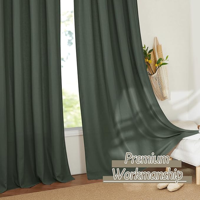 RYB HOME Linen Sheer Curtains 2 Panels for Living Room, Semi Transparent Privacy Drapes with Rod Pocket Farmhouse Style Window Treatments for Bedroom, Hunter Green, 52" W x 95" L