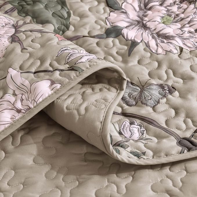 Litanika Floral Oatmeal Quilt Queen - 3Pcs Botanical Birds Bedding Set | Bedspread Summer Lightweight Soft Coverlet with Orange Flower for All Seasons (96"x90")