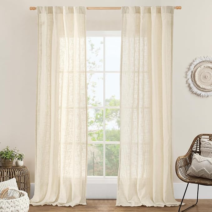 Beige Linen Curtains for Living Room 84 inch Length, 34 x 84 Inch | Light Filtering, Semi Sheer Panels, Linen Textured, Neutral Drapes for Bedroom, Window, Rod Pocket Back Tab, 2 Panels
