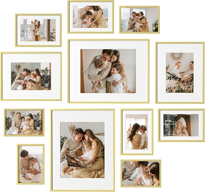 eletecpro Aluminum Gallery Wall Frame Set of 12 with Glass Cover, Gold | Including 2Pcs 11x14, 2Pcs 8x10, 4Pcs 5x7, 4Pcs 4x6 Photo Frames, Multiple Sizes Picture Frames Collage Wall Decor, Tabletop