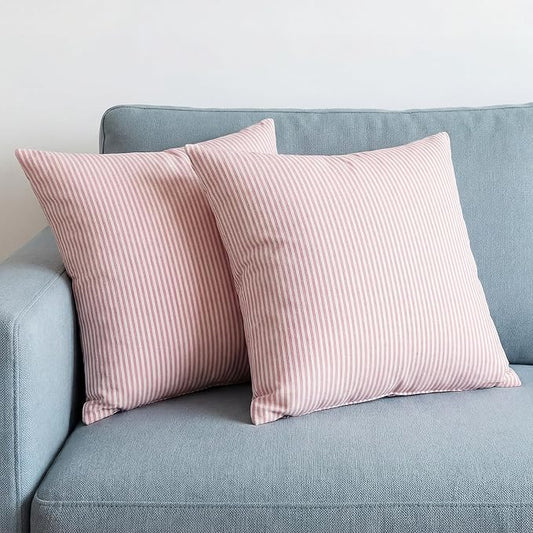 Spring Light Pink Striped Throw Pillow Covers 18x18 Set of 2, Farmhouse Outdoor Decorative Stripe Pillow Covers For Patio Furniture, Funky Blush Pink Throw Pillows 18 x 18 (No Pillow Inserts)