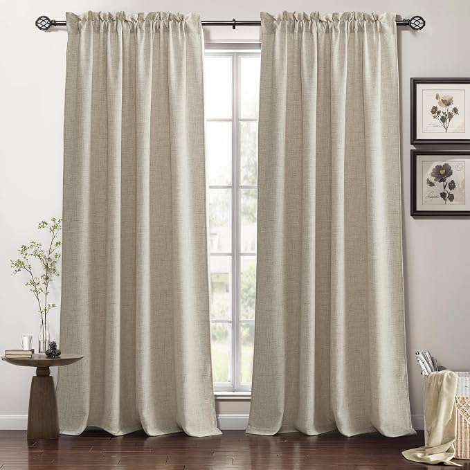 RYB HOME Natural Beige Linen Sheer Curtains 102 inches Long for Living Room | Weave Textured, Rod Pocket, Light Filtering, for Dining Room, W52 x L102, 2 Panels Set