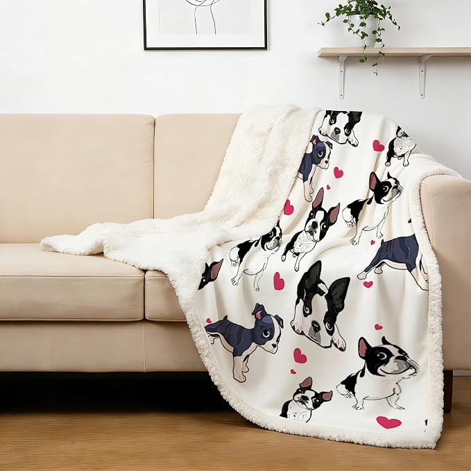BlessLiving Boston Terrier Sherpa Blanket Queen Blanket Queen | Sherpa; Soft; BlessLiving Boston Terrier Sherpa Blanket Queen; Size; 90x90; Inches; 3D; Red; Hearts; Puppy; Dog; Print