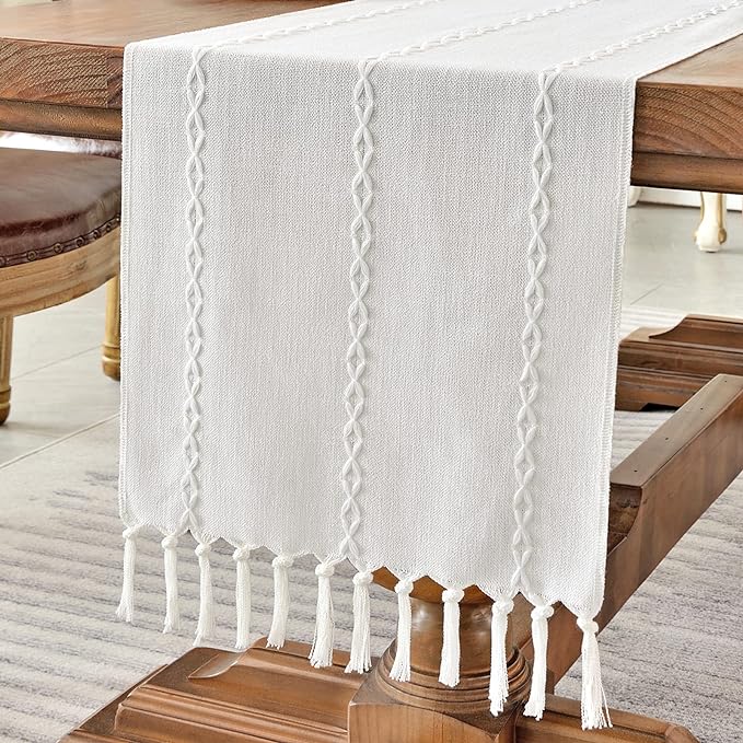 Wracra Rustic Linen Table Runner, White Table Runners 90 inches Long | Raised Embroidered Design and Hand-Tassels;Cotton Linen Woven Fabric; Farmhouse Table Runner;Home Kitchen Dining Decor