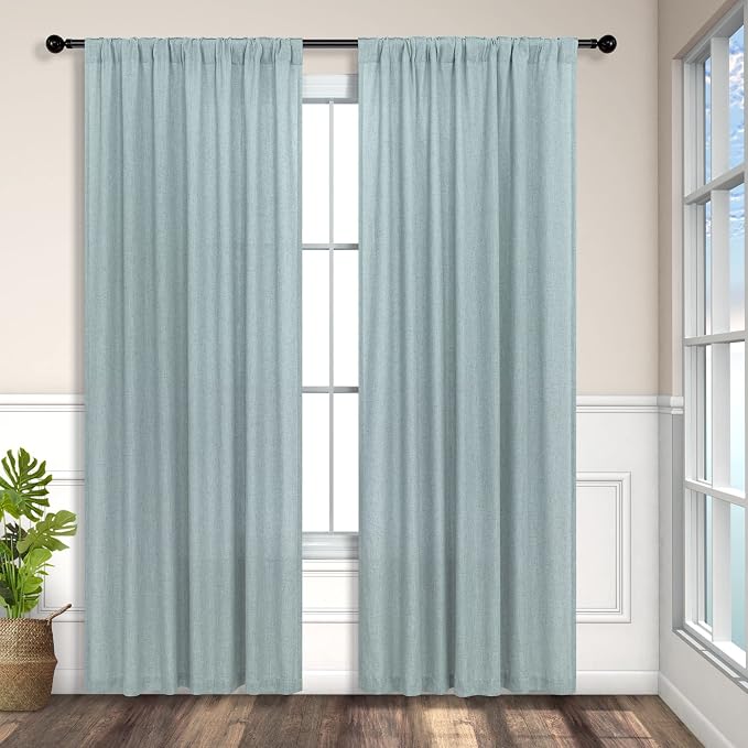 Seafoam Curtains 63 Inch Length for Kids Room 2 Panels Set Back Tab Pocket Casual Woven Textured Semi Sheer Linen Grey Green Curtains for Bedroom Boys Coastal Beach Mint Teal Aqua Sea Foam 52x63 Long